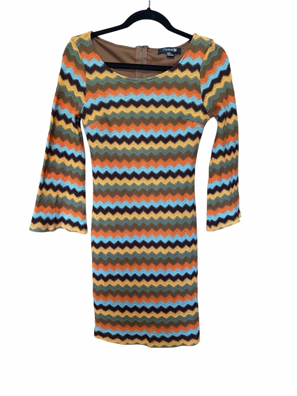 70’ Inspired Chevron Knit Long Sleeve Dress With Bell Sleeves